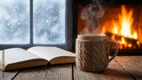 Cozy Winter Mood with Hot Steaming Mug and Open Book by the Fireplace