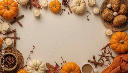 Fall and Harvest Decorations With Pumpkins, Candles, and Food on a Table