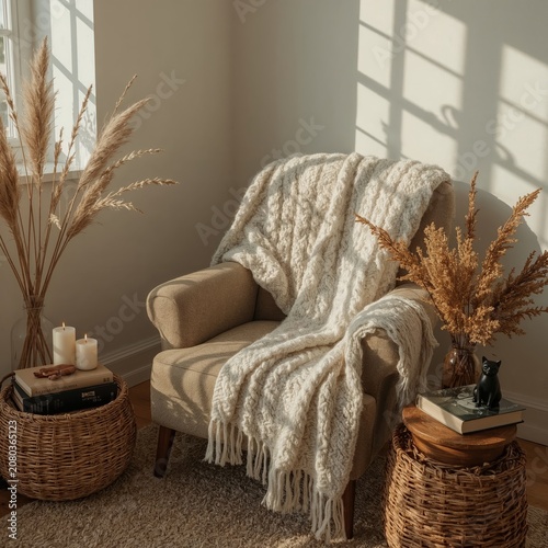 Cozy Corner With Chair, Blankets, Candles, and Plants