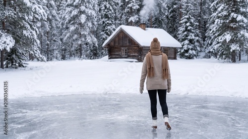 Woman Ice Skating on a Frozen Lake in Front of a Snowy Cabin