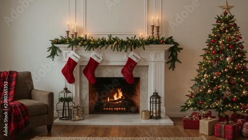 Cozy Living Room With Fireplace, Christmas Tree, and Holiday Decorations in W...
