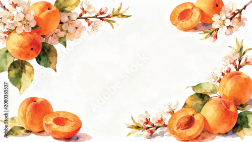 Watercolor apricot fruit frame with blossoms and copy space