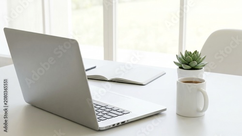 Minimalist Modern Workspace with Open Laptop, Coffee Mug and Succulent on White Desk
