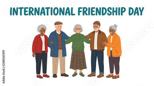 Obraz na plátně Celebrating International Friendship Day: A diverse group of elderly friends stands together, arm-in-arm, radiating warmth and camaraderie on International Friendship Day