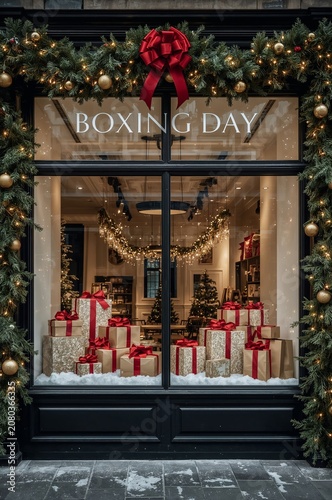 Boxing Day Window Display With Holiday Decorations and Gifts in a Store