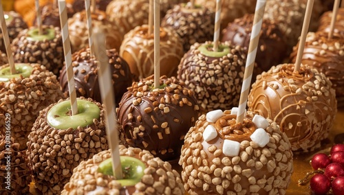 Colorful Candy Apples on Display at a Festive Event During the Autumn Season