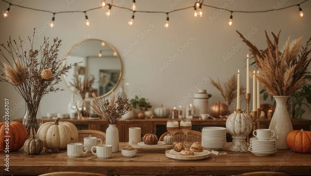 Fototapeta premium Gathering at a Fall-Themed Table With Food and Decorations for Celebration and Sharing