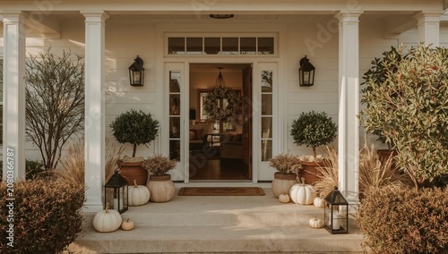 Front Porch Decorated for Fall With Pumpkins and Plants During Autumn in a Co...