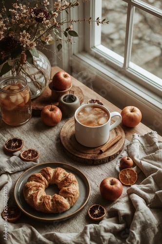 Enjoying Coffee and Pastries With Apples on a Wooden Table by the Window in a...