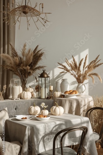 Fall Setup With Pumpkins and Flowers in a Cozy Dining Area During Afternoon L...