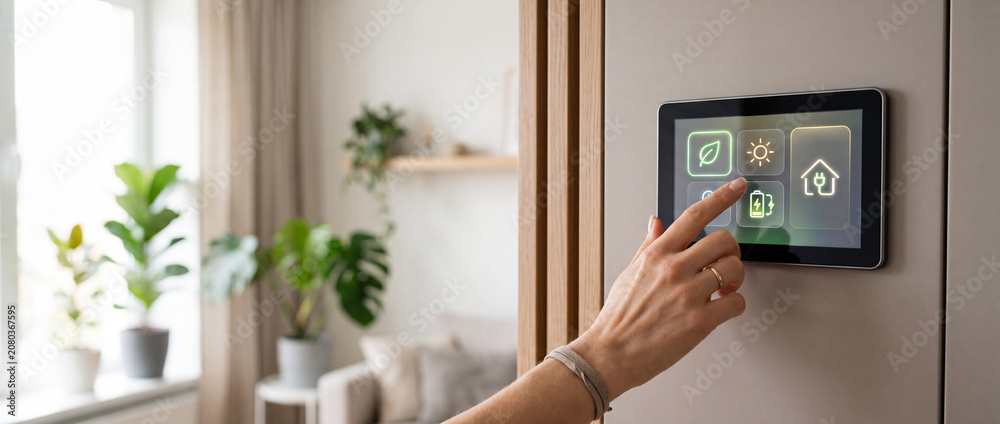 Fototapeta premium Smart home control panel with icons for energy, weather, and security, a hand touches the screen to manage the connected house system for modern living for commercial technology, business