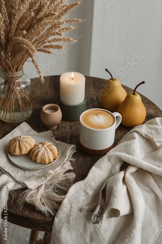 Warm Drink and Snacks on a Wooden Table With Decorative Items in a Cozy Setting