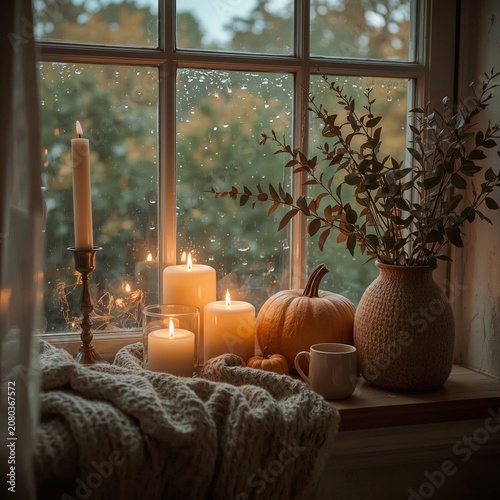 Candles and a Pumpkin on a Window Sill During a Rainy Evening in Fall
