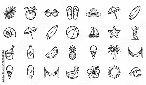Collection of cute summer beach and vacation doodle line art icons vector illustration