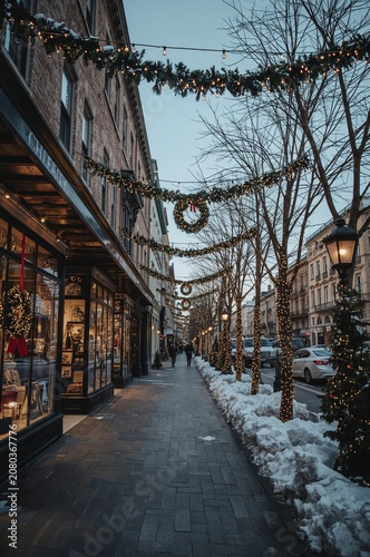 Holiday Decorations Line a Street in a City With Snow and Festive Lights Duri...
