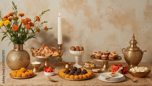 Festive Table Display With Sweets and Flowers for a Celebration