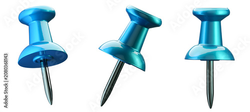 Obraz na płótnie 3D push pin set with blue thumbtacks in multiple angles, stationery illustration