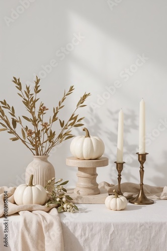Decorative Table With White Pumpkins, Candles, and Greenery for Autumn Season