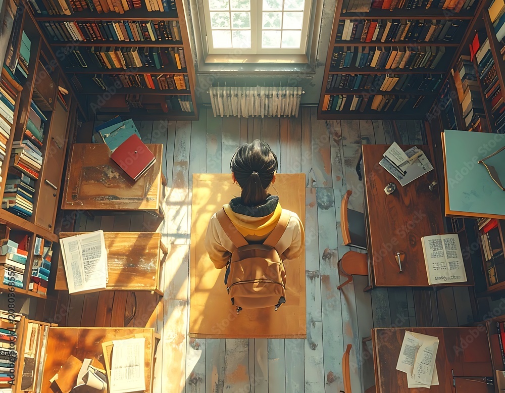 Fototapeta premium A person sits alone at a desk in a library surrounded by books