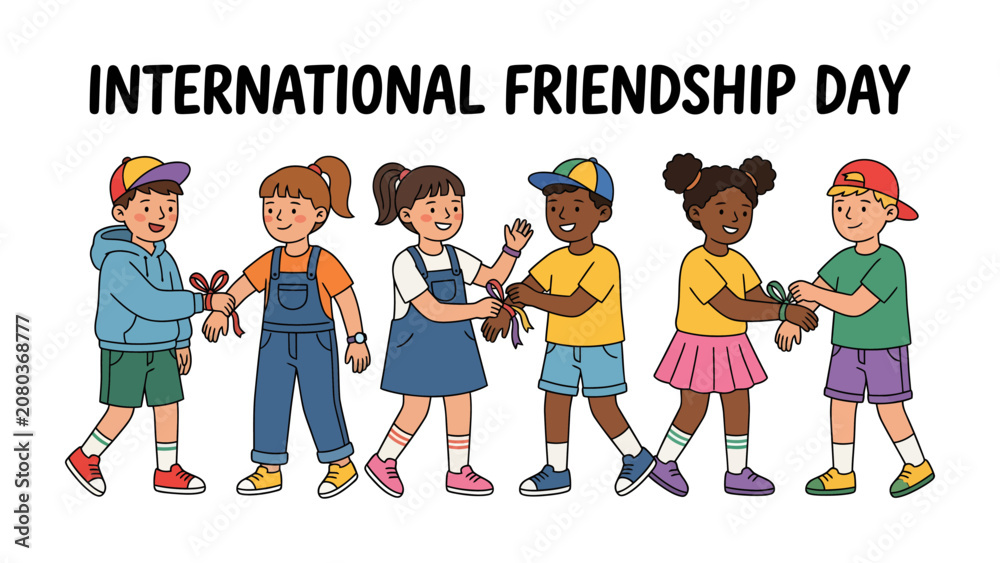 Fototapeta premium Kids Celebrating International Friendship Day: Diverse group of young children holding hands and smiling, promoting unity and friendship on International Friendship Day.