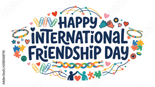 Foto Happy International Friendship Day: A vibrant and colorful illustration celebrating International Friendship Day with playful graphics, heartfelt symbols, and a message of unity and togetherness