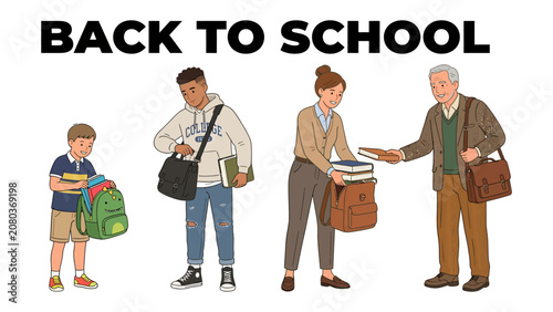 Fotografie Back to School Diversity: A heartwarming scene depicting the start of a new academic year, showcasing students and educators of various ages and backgrounds ready to embrace learning