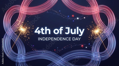 4th of July Independence Day digital banner featuring glowing typography text abstract red and blue neon ribbon loop frame with burning sparklers on dark background
