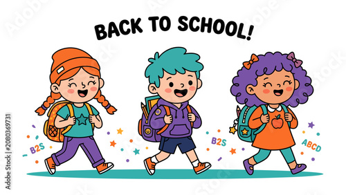 Fényképezés Excited to Learn: Three joyful cartoon children, each with a backpack and a smile, walk towards a new academic year with excitement and anticipation