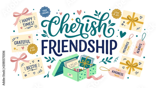 Obraz na płótnie Cherish Friendship with Gifts and Kind Words: Celebrate the enduring bond of friendship with this heartwarming illustration, featuring decorative gift boxes