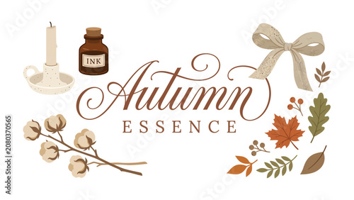 Canvastavla Autumn Essence Design: A charming illustration capturing the spirit of autumn with elements like a candle, ink bottle, cotton branch, ribbon, and fall leaves