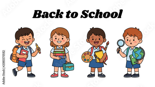 Obraz na plátne Back to School Excitement: A vibrant illustration depicts four cheerful children, eager and ready for a new academic year, each equipped with school supplies and a radiant smile
