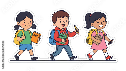 Obraz na plátně School Day Excitement: Three cheerful children with backpacks and books walk side-by-side, eager for a day of learning and fun