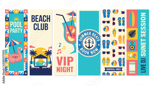 Retro summer beach club banner set, vintage pool party and VIP night vertical posters, tropical vacation event flyers with cocktail and flamingo