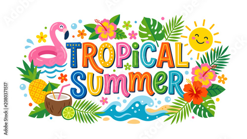 Tropical Summer Celebration: A vibrant and joyful illustration depicting the essence of a tropical summer, featuring a flamingo float, pineapple, coconut drink, hibiscus flowers, palm leaves.