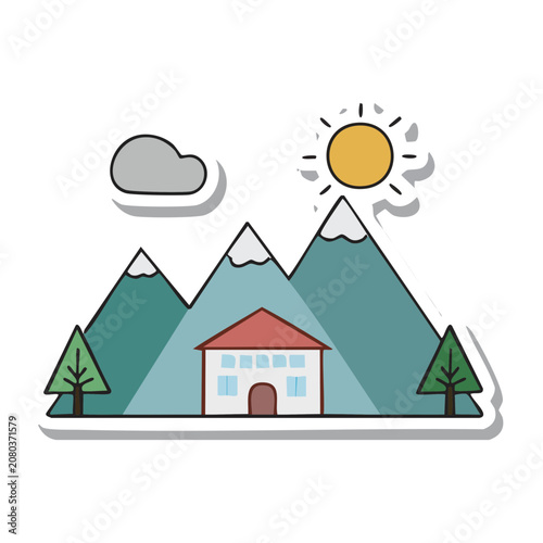 Flat design house with sun and trees