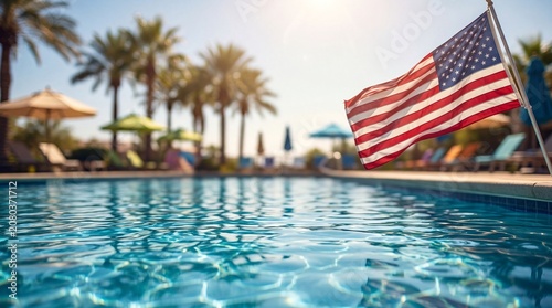 American flag waving proudly on a flagpole next to a luxury resort swimming pool with palm trees for a patriotic fourth of july summer holiday