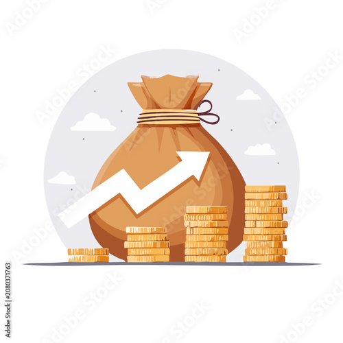 Money bag with upward arrow and gold coin stacks vector