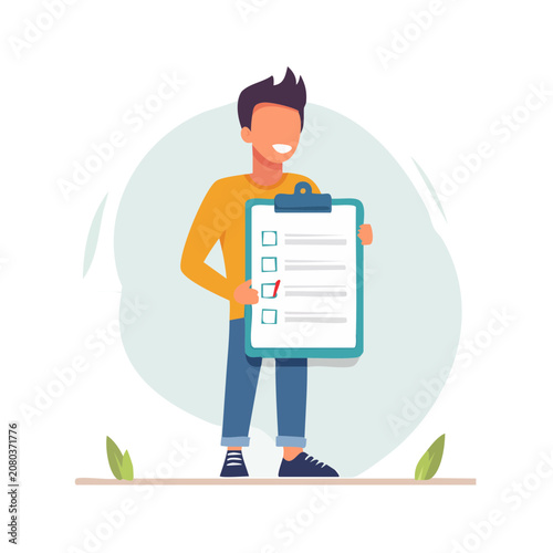Man holding clipboard with checklist in flat vector style