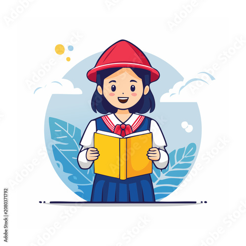 Smiling schoolgirl reading a book in uniform