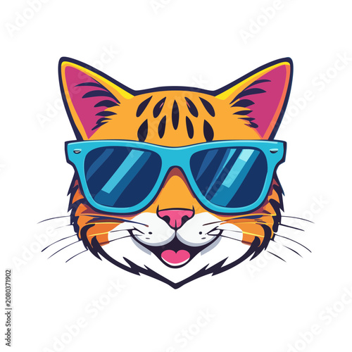 Cartoon cat face with blue sunglasses