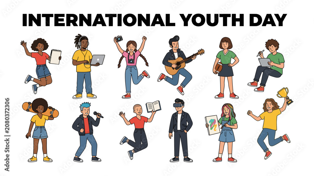 Fototapeta premium International Youth Day Celebration: A vibrant collection of diverse young people engaging in various activities, celebrating International Youth Day with joy and enthusiasm.
