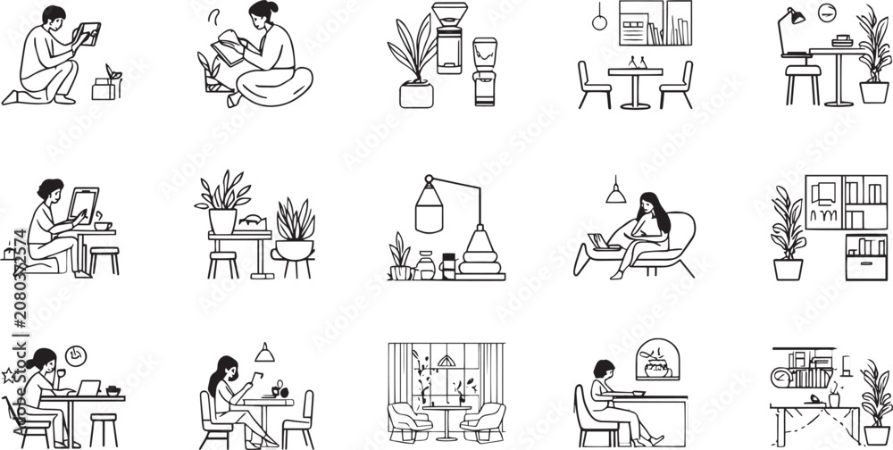 Fototapeta premium Cozy Remote Work and Home Lifestyle Line Art Icons Vector