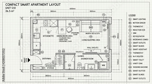Tableau sur toile Compact smart apartment layout unit 510 floor plan with legend