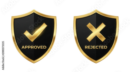 Golden shield icons with check mark and cross symbol for approval and rejection isolated on a transparent background isolated on transparent background
