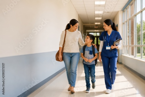 School nurse walking with parent and child during health visit