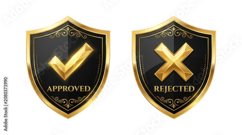 Set of gold and black shield icons with check mark and cross symbol for approval and rejection status design elements isolated on transparent background