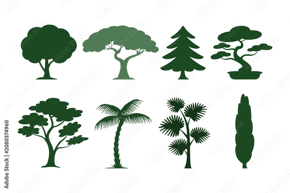 Fototapeta premium Set of eight isolated green tree silhouettes on white background flat design for graphic landscape.