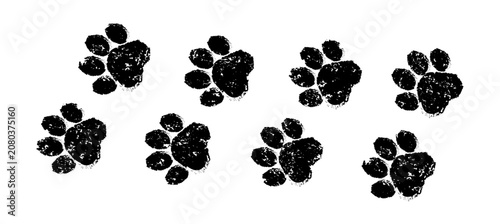 Paw print dog or cat, pet footprint sketch pattern. Animal grunge paw silhouette background. Black cat dog feet stamp isolated on white bg. Charcoal texture doodle, paint pet step. Vector illustration
