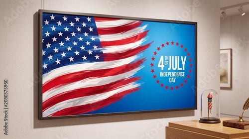 Elegant framed display showing an artistic painted American flag for Independence Day hanging on a wall above a wooden desk with historic patriotic interior decorations
