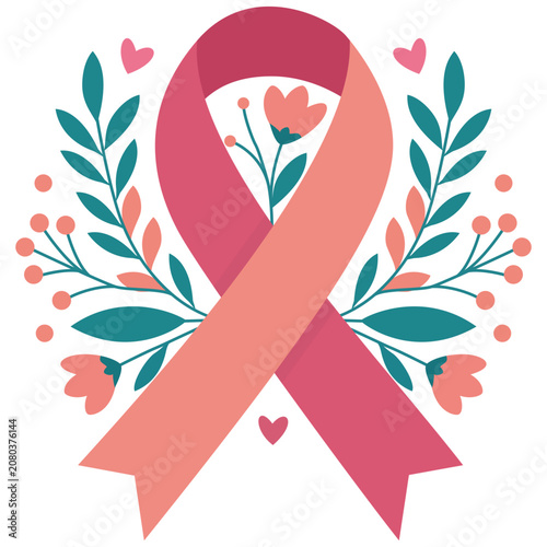 Pink Breast Cancer Awareness Ribbon with Floral Decoration Flat Vector